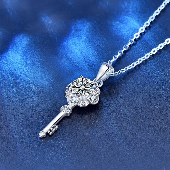 Certified 1ct. t.w. Moissanite Diamond Flower Key Necklace NEW - Picture 8 of 16